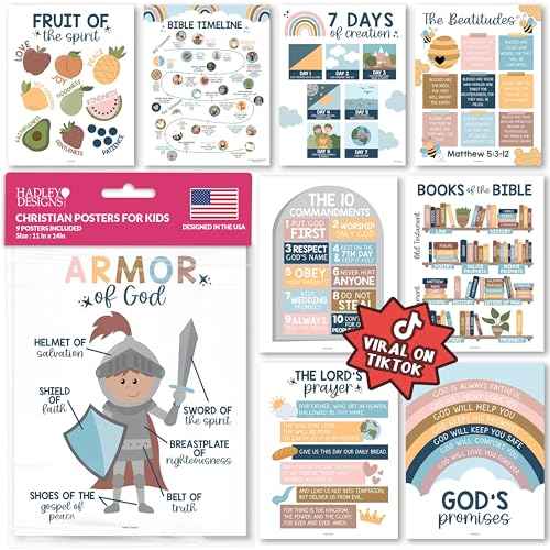Hadley Designs Sunday School Decorations for Classroom ? 9 Bible Posters for Kids, 11x14in Books of the Bible Poster, 10 Commandments, Fruits of the Spirit & More ? Boho Christian Classroom Decor