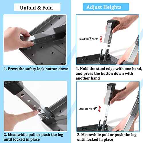 Double Elite 3 Levels Adjustable Folding Step Stools for Adults, Sturdy Metal RV Step, Safer Foldable Small Kitchen Stepping Stool for Kids Seniors Bed, Multi-Use Office Foot Stool Under Desk