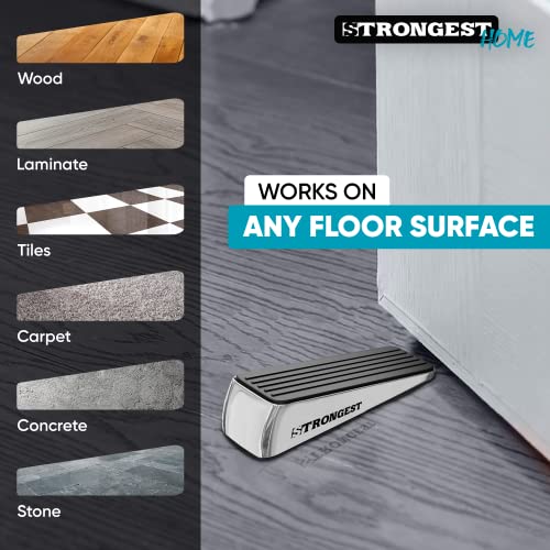 Strongest Home Heavy Duty Door Stopper Wedge (4 Chrome PCs) | Non-Slip Rubber and Metal Door Stop for Heavy Doors| Work on Wood, Tile, Carpet + 4 White Wall Protectors