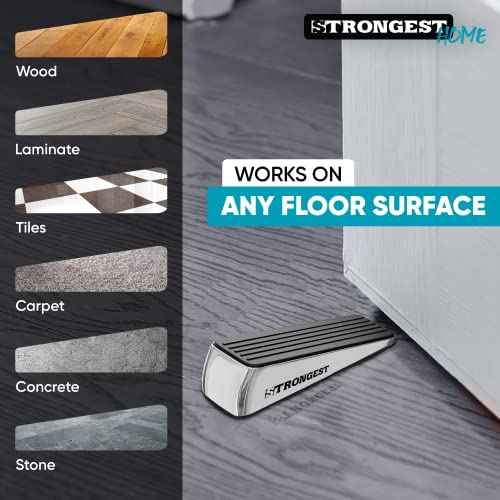 Strongest Home Heavy Duty Door Stopper Wedge (6 Chrome PCs) | Non-Slip Rubber and Metal Door Stop for Heavy Doors| Work on Wood, Tile, Carpet + 6 White Wall Protectors