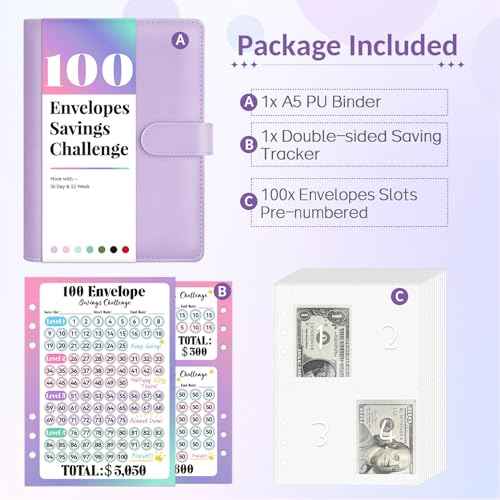 Sooez 100 Envelopes Money Saving Challenge, Savings Challenges Book with Envelopes & Challenge Tracker, Motivational Process to Save $5050, Money Saving Binder 100 Pocket Pre-numbered, Christmas Gifts