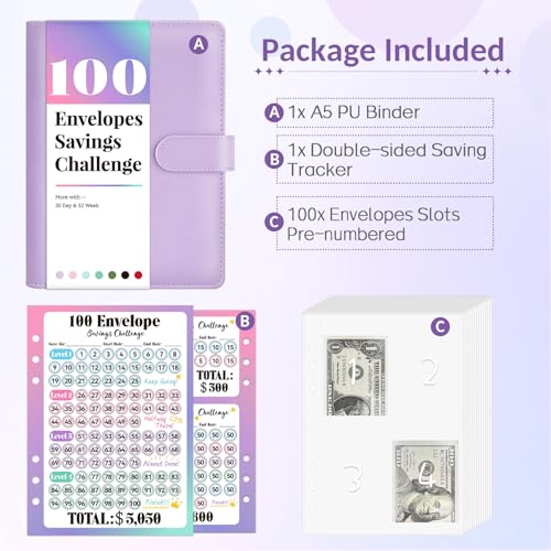 A5 Purple Leather Money Saving Challenge Binder with 100 Envelopes & Tracker