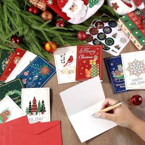 240 Sets Christmas Cards Bulk with Envelopes and Stickers Festive Gold Foil Merry Christmas Note Card Set 12 Elegant Designs Holiday Greeting Cards Blank Inside for Winter Xmas Season Gift 4x6 Inch