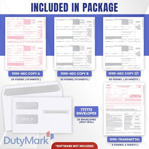Dutymark 1099 NEC Forms 2026 Kit with 25 Copy Sets & Envelopes