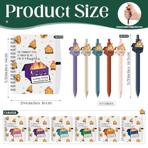 60 Pcs Dumpster Fire A6 Notebooks Pens Bulk Boss Day Inspirational Funny Gift Set with Saying Dumpster Fire Notepad Ballpoint Pen Dispatcher Employee Appreciation Gift (Colorful)