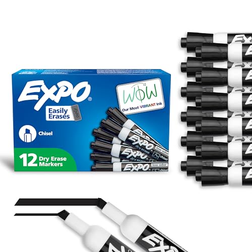 EXPO Low-Odor Dry-Erase Markers 12 Pack - Bold Black Ink, Versatile Writing