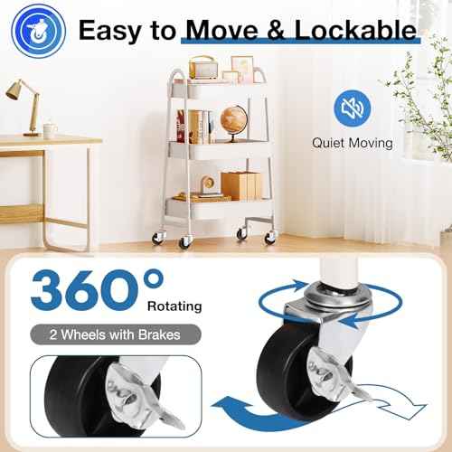 OLIXIS 3 Tier Utility Rolling Cart with Lockable Caster Wheels, Metal Mobile Storage Shelf, Organization for Livingroom, Bathroom, Kitchen, & Narrow Places, Cream White