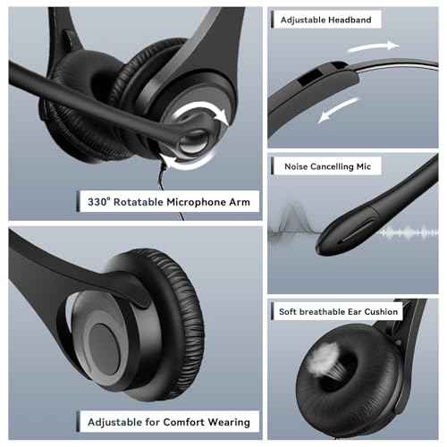 Phone Headsets for Office Phones - Corded Telephone Headset w/Noise Canceling Mic, Headset for Phones Landline Office Compatible with Polycom Plantronics Nortel Toshiba Mitel ShoreTel Deskphones etc