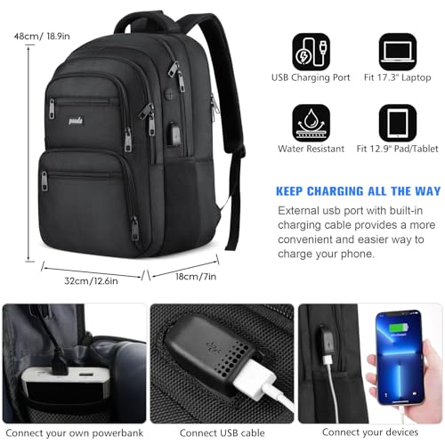 Paude Laptop Backpack, 17.3 Inch School Backpack Large Bookbag with USB for High School College Students Office Business,Waterproof