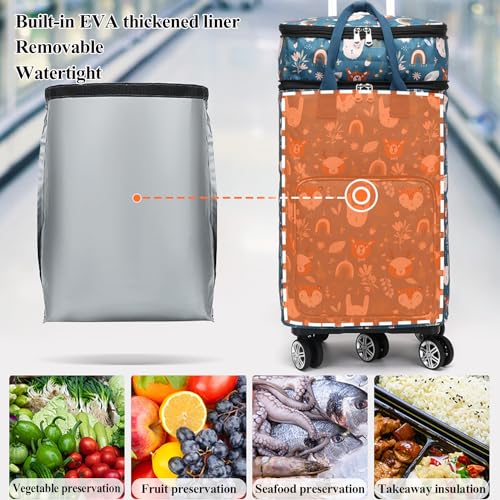 2 in 1 Shopping Cart with Wheels, Portable Utility Dolly, Luggage Cart, Foldable Hand Truck with Built-in Removable Waterproof Bag for Shopping, Camping, Travel (Animal World)