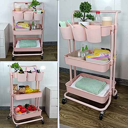 3 Tier Utility Rolling Cart Storage Organizer Shelf Rack with 3PCS Hanging Cups + 8PCS Hooks + 2PCS Storage Box for Home Office Kitchen Bathroom (Pink 3 Cup+8 Hook+2 Storage Box)