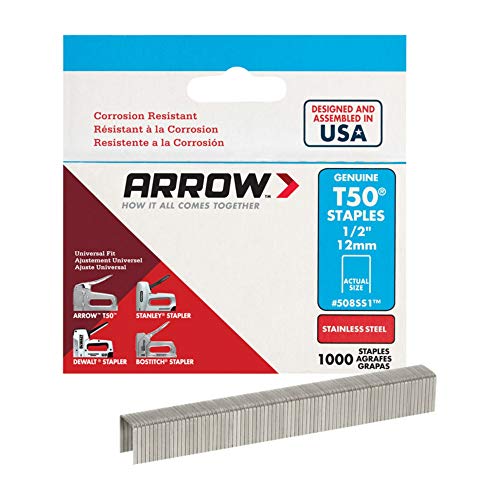 Arrow Fastener 508SS1 Heavy Duty 1/2-Inch Stainless Steel Staples for Upholstery & Construction, 1000-Pack