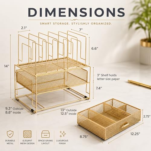 Gold Desk Organizer with Drawer - Metal Mesh File Holder & Vertical Storage