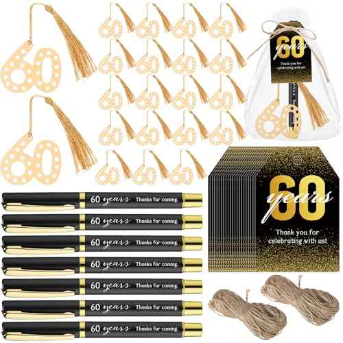 Spakon 50 Set 60th Birthday Souvenirs for Guest Anniversary Party Favor Golden Bookmark Thanks for Coming Pen with Tags