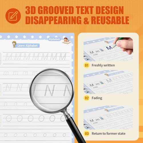 Upgraded Large Size Magic Practice Copybook for Kids, Reusable Grooved Handwriting Practice Book for Preschool Kids Age 3-8 Calligraphy with Catus Pens & Storage Bag (5PCS 7.3 * 10.3 inch)