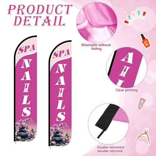 2 Pack Nails Sign & Spa King Flags 12 ft x 2.5 ft Nail Sign Advertising Feather Banner Swooper Flag for Outside Advertising Marketing Nail Salon, Hardware Not Included (Updated Design)
