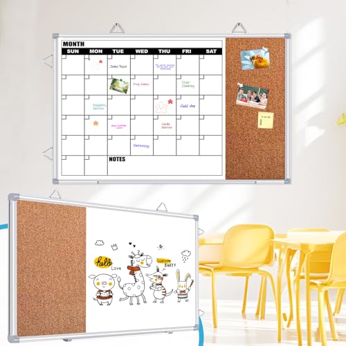 Calendar Whiteboard for Wall, 36" x 24" Double Sided Monthly Dry Erase Board Calendar for Office, Home, School, Hanging Cork Board White Board Combo, Portable Magnetic Dry Erase Planner Board