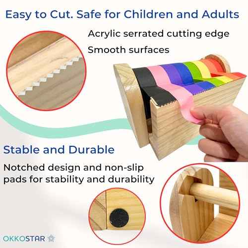 Wooden Kids Craft Tape Dispenser, Multi Roll Masking Tape Holder, Washi Tape Dispenser (Acrylic Serrated Cutter) - Perfect Craft Organizer for Children - [Masking Tape NOT Included]