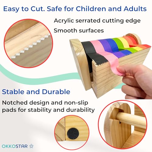 Wooden Kids Masking Tape Dispenser with Acrylic Serrated Cutter (OKKOSTAR) – Holds Multiple Rolls