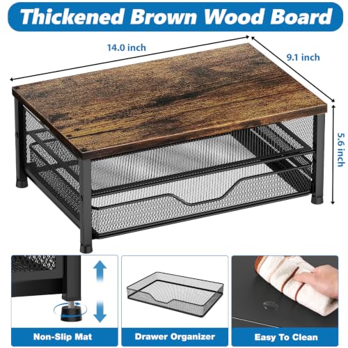 OPNICE Brown 14x9.1x5.6 Inch Monitor Stand Riser with Drawer, Desk Organizer