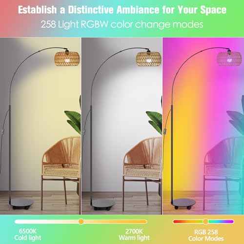 RGB Arc Floor Lamp with 3 Color Temperatures, Dimmable Rattan Boho Standing Lamp, APP and Remote Control, Modern Tall Lamp for Reading, Living Room, Bedroom, Office, Black