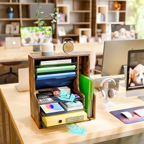 Simple Trending 7 Tier Desk File Organizer, Wooden Letter Tray Paper Organizer with Adjustable File Holder, Mesh Desktop Organizer and Storage for Office Supplies