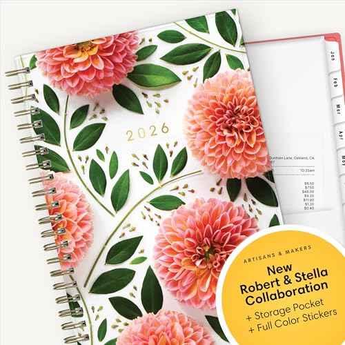 Blue Sky Artisans & Makers Sara Harding 2026 Weekly and Monthly Planner, January 2026 - December 2026, 5" x 8", Flexible Cover, Durable Wire Binding, Laminated Tabs, Pocket, Stickers, Bright Dahlias
