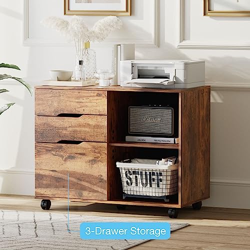 OLIXIS Brown 3-Drawer Lateral File Cabinet with Rolling Printer Stand