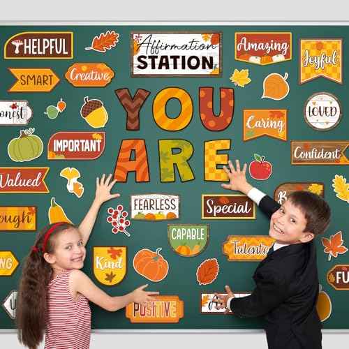 45 Pcs Autumn Affirmation Station Bulletin Board Set Motivational Posters Classroom Mirror Growth Mindset Decor Positive Affirmations Accents Cutouts for School Office Home Teacher Wall