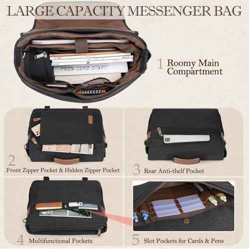 RAINSMORE Messenger Bag for Men 17-17.3 Inch Laptop Bag Water-resistant Canvas Computer Shoulder Bag Office Work Briefcase Large Casual Satchel Bags for Men Bookbag for College, Black