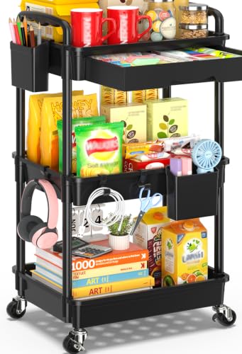 Black 3-Tier Rolling Storage Cart with Removable Drawers & Lockable Wheels