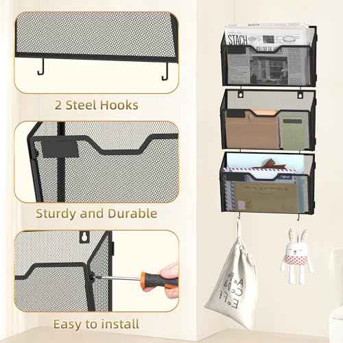 Docnest 6 Pack Hanging Wall File Holders, Mesh Wall Letter File Holder, Wall Mounted Mail Paper Document Folder Holder with Hooks for Office, Home, School, Black