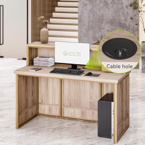 LITTLE TREE 57-Inch Reception Counter, Boho Style Front Desk, Modern Checkout Counter, Reception Desk for Retail, Lobby, Salon, Office, Oak