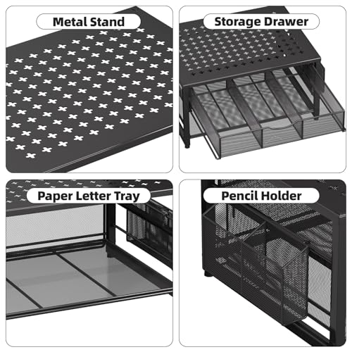 Marbrasse Metal Printer Stand for Desk with Storage Drawer and 2 Pen Holders, 2-Tier Desktop Organizer Printer Table for Home Office, Multi-Purpose Desk Organizer for Fax Machine Scanner Files(Black)