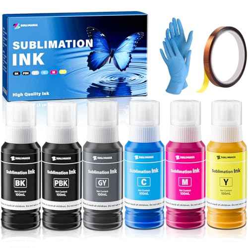 600ML Sublimation Ink with Heat Tape for Ecotank ET-8550 ET-8500 ET8550 ET8500 8550 8500 Wide-Format Supertank Printers, Heat Press Transfer on T-Shirt Tumblers (6x100ML, BK PB C M Y GY)