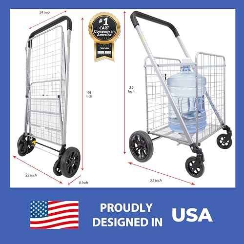 dbest products Cruiser Cart Deluxe 2 Shopping Grocery Rolling Folding Laundry Basket on Wheels Foldable Utility Trolley Compact Lightweight Collapsible, Silver