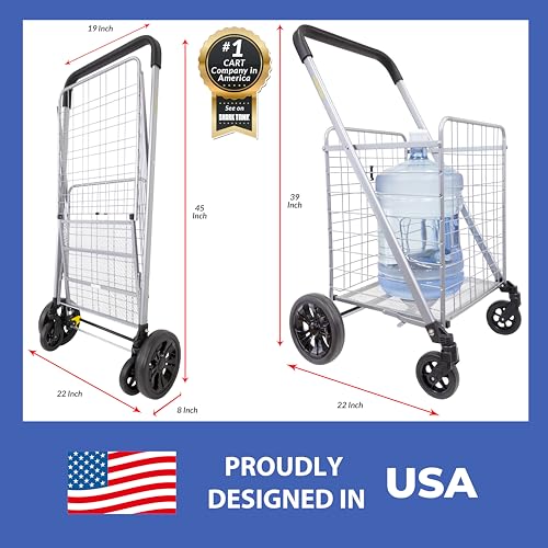 dbest products Cruiser Cart Deluxe 2 - Foldable Shopping Cart with Wheels for Groceries - Heavy Duty Utility Cart with Brake System - Collapsible Laundry Cart - USA Designed - Holds 100 lbs - Silver