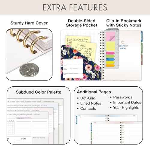 DELUXE ESSENTIAL PRO Undated Daily, Weekly & Monthly Planner,Monthly Tabs,Daily Tracking,Notes Pages,Storage Pocket,Bookmark w Sticky Notes (Small Navy Floral)
