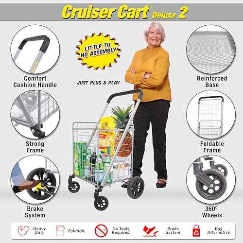dbest products Cruiser Cart Deluxe 2 Shopping Grocery Rolling Folding Laundry Basket on Wheels Foldable Utility Trolley Compact Lightweight Collapsible, Silver