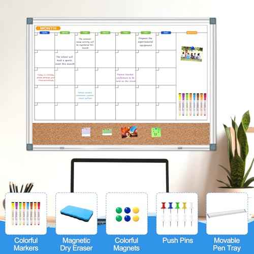 Calendar Whiteboard Corkboard Combination for Wall, Double-Sided 24" x 18" Monthly Whiteboard Calendar and Dry Erase Board for Office, Kitchen, Planning, Memo, School, Home