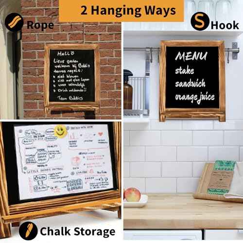 LotFancy 15"x12" Magnetic Chalk Board Sign, Small Wood Framed Tabletop Black Easel Chalkboard, Foldable Standing Ledge,1 White Chalk Pen 2 Magnets and Wall Hanging Kits Included,Rustic Brown