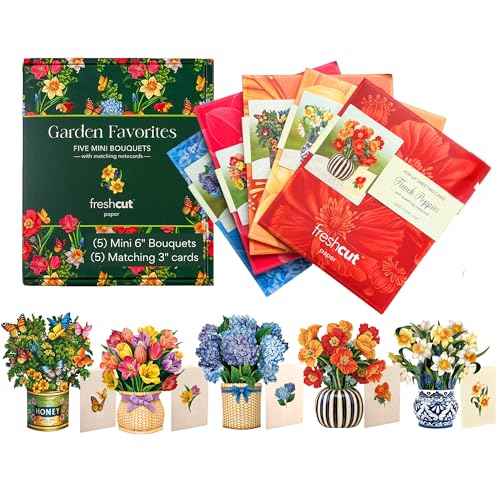 Freshcut Paper Pop Up Cards, Garden Favorites, 6 inch Mini Sized Paper Flower Bouquet 3D Popup Greeting Cards, Birthday Card, Thank You Card, Blank Notecards & Envelopes, Pack of 5