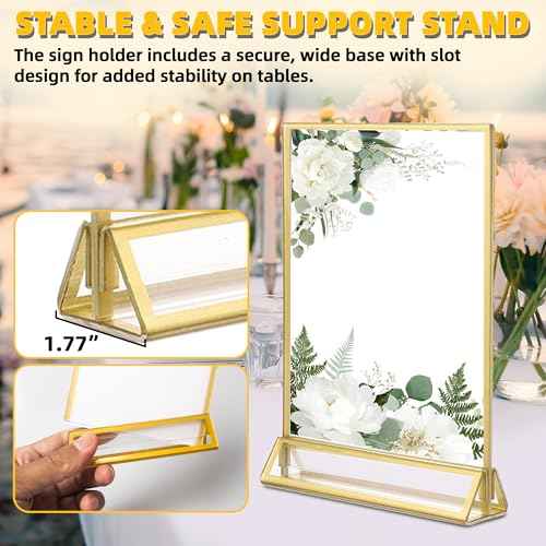 TonGass 12-Pack 5x7 Standard Double-Sided Acrylic Wedding Table Numbers Picture Frames, Clear Sign Holders with 3mm Gold Border & Vertical Stand