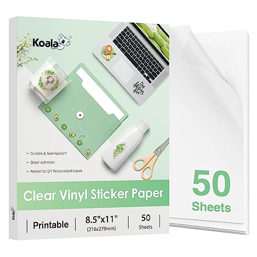 Koala 95% Clear Sticker Paper for Inkjet Printer - Waterproof Printable Vinyl Sticker Paper - 8.5x11 Inch, 50 Sheets, Transparent Glossy - Easy to Use for DIY Personalized Decals
