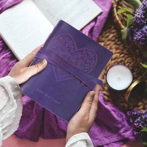 Sovereign-Gear Leather Journal for Women, Handmade Purple Heart Bound Journal with Stylish Pen, Vintage and Classic, A5 Embossed Heart Leather Notebook, 8x6 Unlined Sketchbook