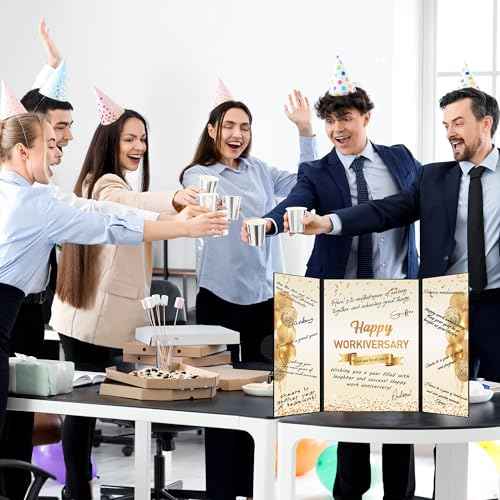 DARUNAXY Black Gold Happy Workiversary Party Decorations, Happy Work Anniversary Alternative Signature Guest Book for Men Women Employee Business Gifts Signing Card Board for Office Supplies