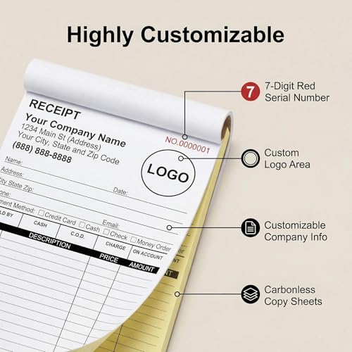 Custom Receipt Book with Carbonless Copies – 2-Part Invoice Book, 5.5 x 8.5, Sequential 001-100, Logo Personalization