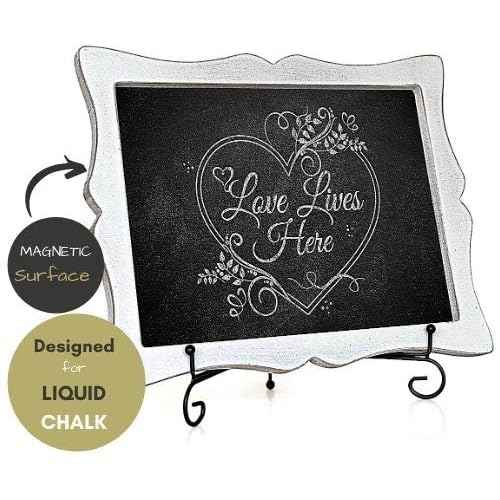 Tabletop Small Chalkboard Sign with Easel (11x13) + 8 Brilliant Liquid Chalk Markers | Hanging or Freestanding Framed Chalkboard with Hand Crafted Sweetheart Frame