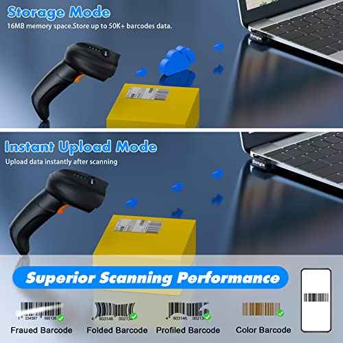 Bluetooth Wireless Barcode Scanner with Stand,Alacrity 3-in-1(Bluetooth & 2.4GHz Wireless & USB Wired) Bar Code Reader,1800mA*H Rechargeable Battery,Automatic Scanning,328Ft Range,16MB Storage Space