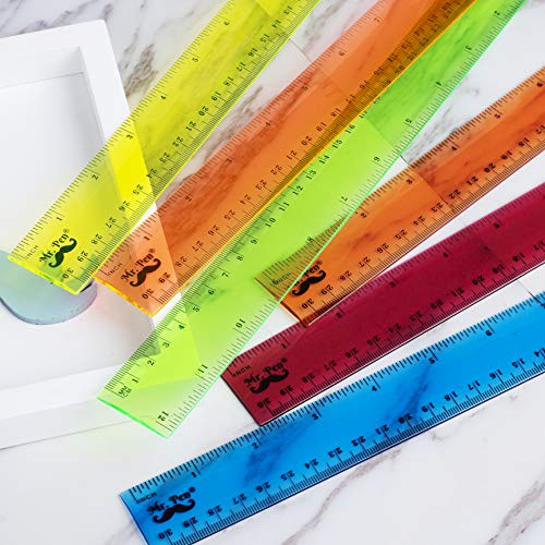 12 Inch Plastic Rulers Pack of 6 Assorted Colors - Office & Craft Measuring Tools